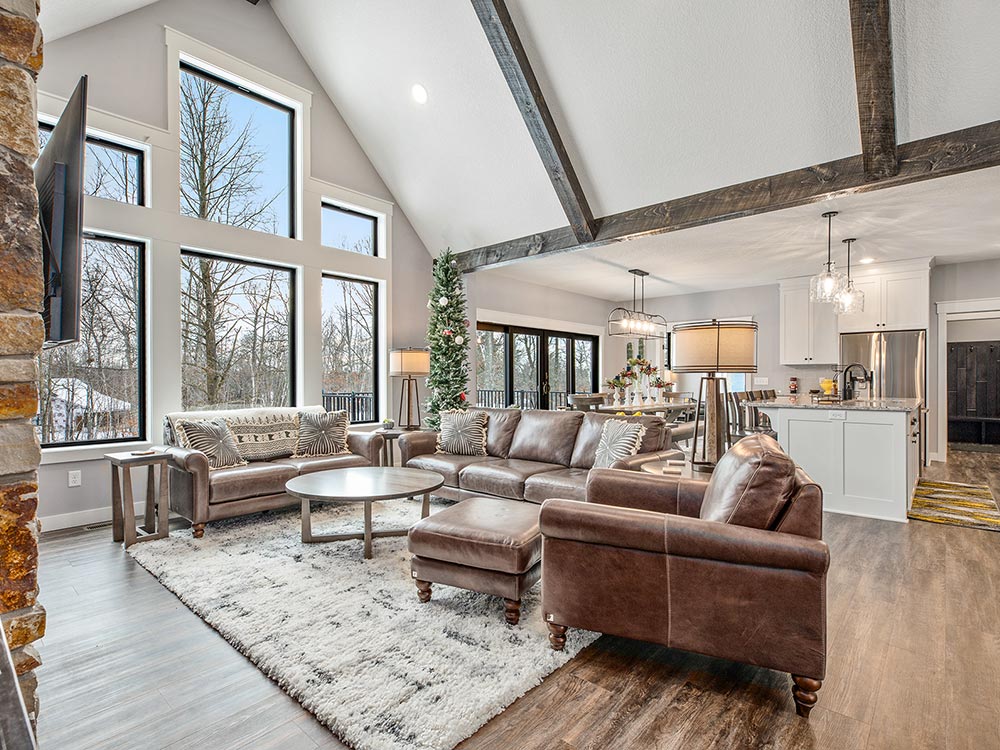 Decorated great room with vaulted ceiling